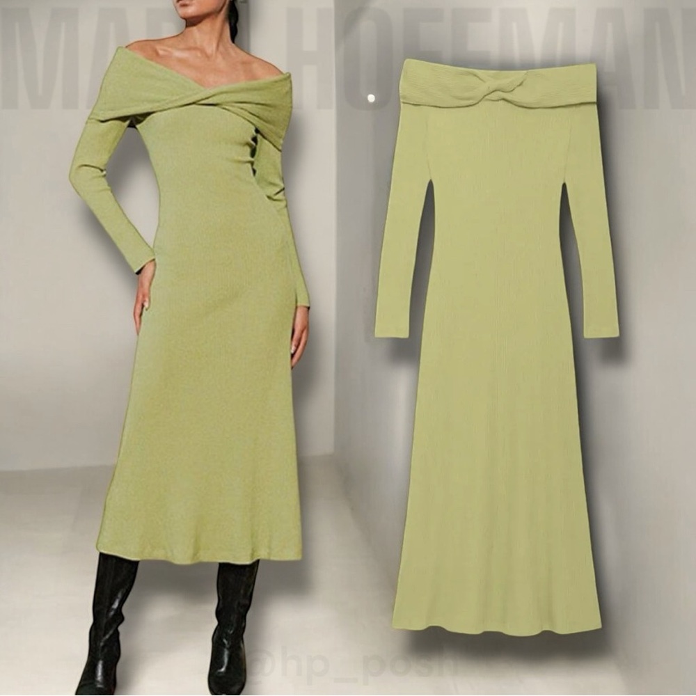 MARA HOFFMAN $425 Emery Off Shoulder Cotton Midi Dress green‎ ribbed XL